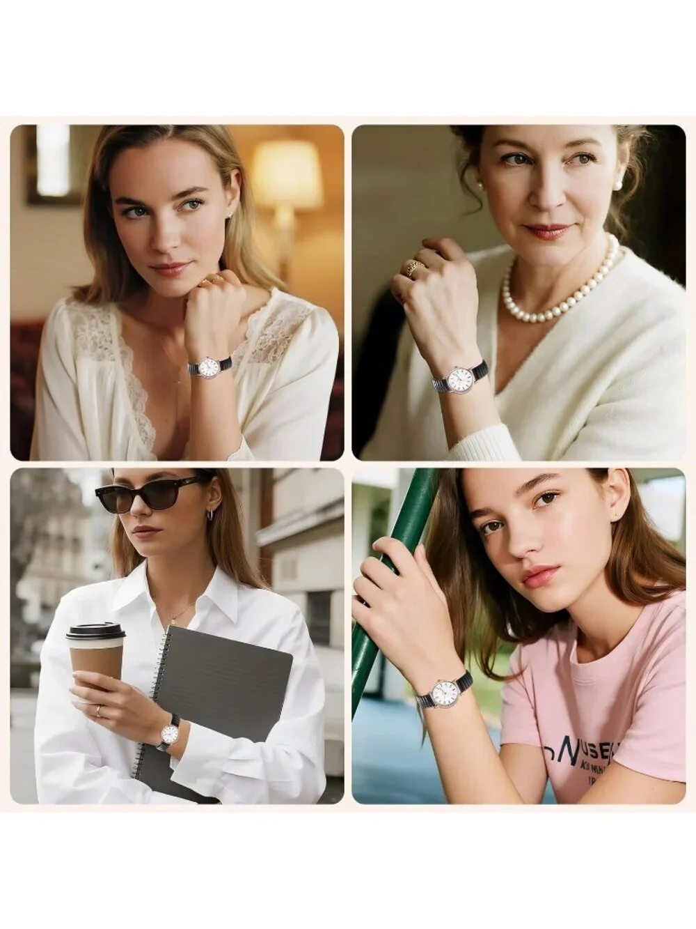 Women's Black Analog Quartz Elastic Strap Arabic Numerals Waterproof Wrist Watch
